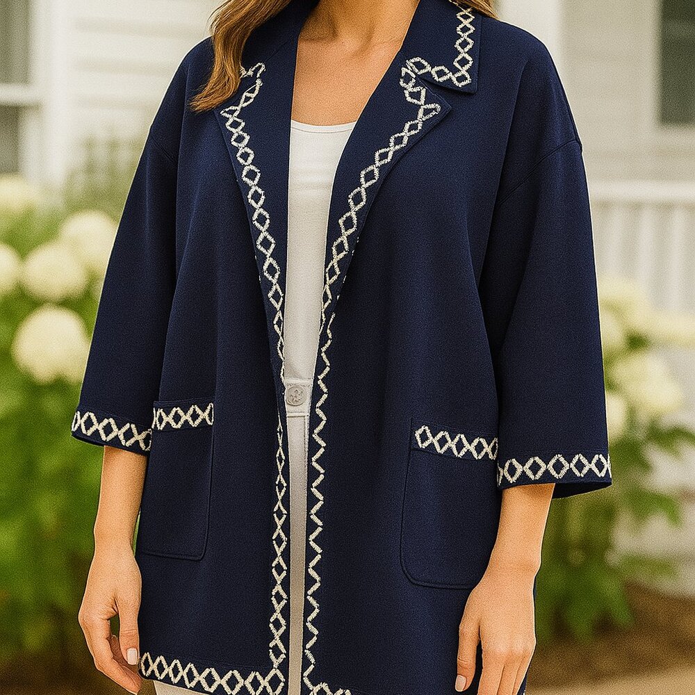 ST JOHN  Navy Knit Cardigan with White Piping - Size Medium NWT